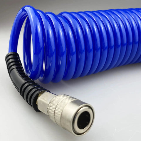 Flexible Polyurethane Recoil Air Hose, One Quarter Inch Inner Diameter, Ten Feet Blue With Bend Restrictor And Industrial Quick Coupler