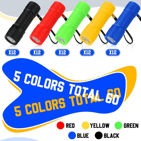 60 Pack 9 LED Handy Mini Flashlights With Lanyards AAA Batteries Included Bulk Set in 5 vibrant colors red, blue, green, yellow, black