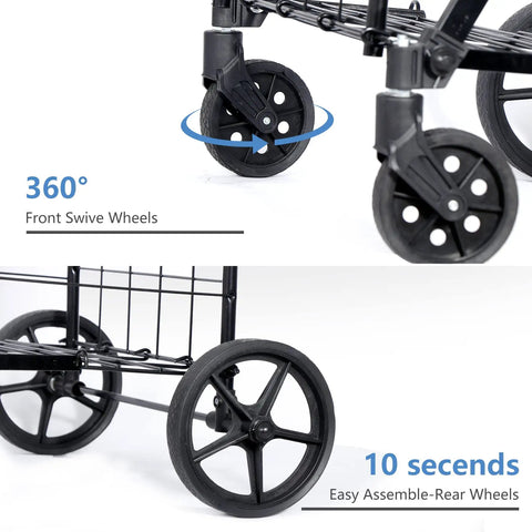Close-up of wheels on Foldable Utility Shopping Cart With Double Baskets For Grocery And Laundry, easy swivel and rear assembly.