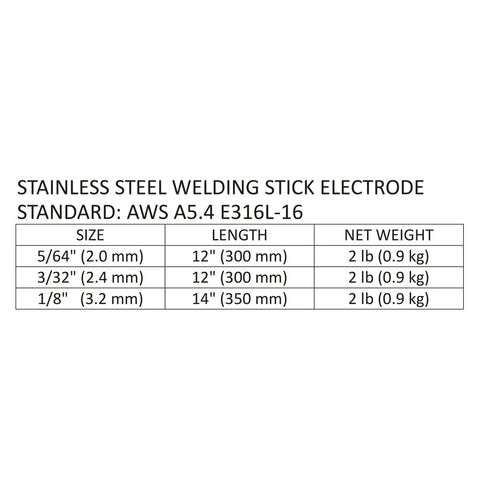E316L-16 Stainless Steel Arc Welding Rods For MMA Welding size chart showing diameter, length, and weight details.