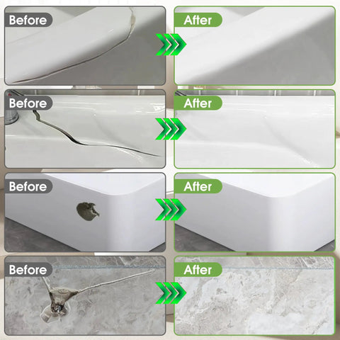 Before and after repair using Multi Surface Bathtub Repair Kit White For Tubs, Showers, Tiles, Sinks And Countertops on cracked surfaces.