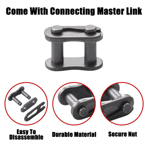 35 Roller Chain 140 Link Plus Chain Breaker Kit Pro Grade Heavy Duty with master link closeup, easy to disassemble.