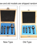 Front views of new-type and old-type MT1 wood lathe center sets in wooden boxes with blue foam.