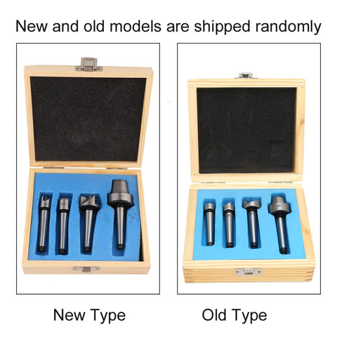 Front views of new-type and old-type MT1 wood lathe center sets in wooden boxes with blue foam.