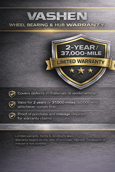 Vashen wheel bearing & hub 2-year 37,000-mile limited warranty details, covering defects, validity, and claims requirements.