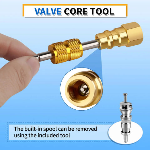 Front view of brass Boltigen BPV31 piercing valve for refrigerator with R12–R134a conversion adapter and tool