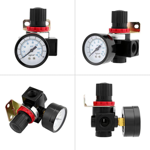 Industrial Grade Pneumatic Pressure Regulator Valve For Compressors With G3/8 Inch Port And Dual Scale Gauge, side angles