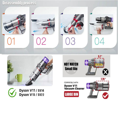 Disassembly guide for Dust Bin Vacuum Replacement Kit With Filter For V11 V15 SV14 SV15 SV22 Cordless Vacuum Cleaners showing bin size compatibility
