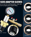 Heavy Duty Automotive Radiator Coolant Vacuum Refill Tool Kit with brass gauge and adapter sleeves for sealing cooling systems.
