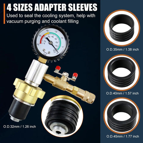 Heavy Duty Automotive Radiator Coolant Vacuum Refill Tool Kit with brass gauge and adapter sleeves for sealing cooling systems.