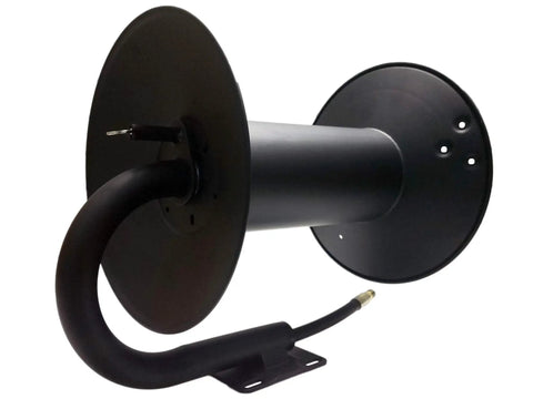 Heavy Duty Pressure Washer Hose Reel For Skid Or Wall Mount, 200 Ft Capacity, metal frame, side view with hose attachment