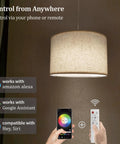 2 Pack Plug In Pendant Lights With Remote Beige Linen Hanging Lamps For Bedroom Kitchen And Dining Room 15 Foot Clear Cord Smart Bulbs Included, showing remote control and smartphone.