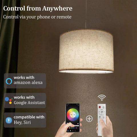 2 Pack Plug In Pendant Lights With Remote Beige Linen Hanging Lamps For Bedroom Kitchen And Dining Room 15 Foot Clear Cord Smart Bulbs Included, showing remote control and smartphone.