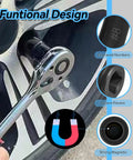 Eight Piece Tap Socket Set With One Quarter Inch Drive And Three Eighths Inch Drive Fits All MCTI Standard Taps Up To One Half Inch And One Eighth Inch NPT Plus Metric Up To Twelve Millimeters For Socket Wrench Kits being used on car tire with features highlighted.