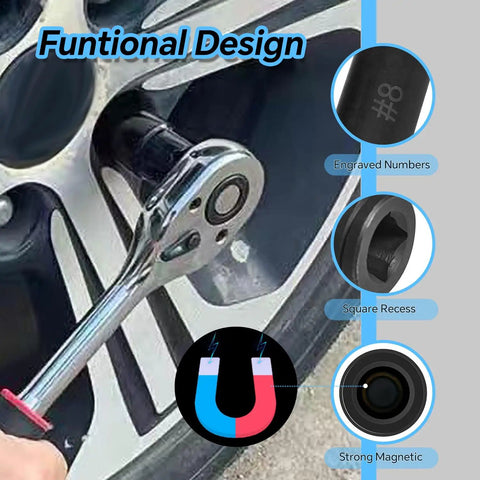 Eight Piece Tap Socket Set With One Quarter Inch Drive And Three Eighths Inch Drive Fits All MCTI Standard Taps Up To One Half Inch And One Eighth Inch NPT Plus Metric Up To Twelve Millimeters For Socket Wrench Kits being used on car tire with features highlighted.