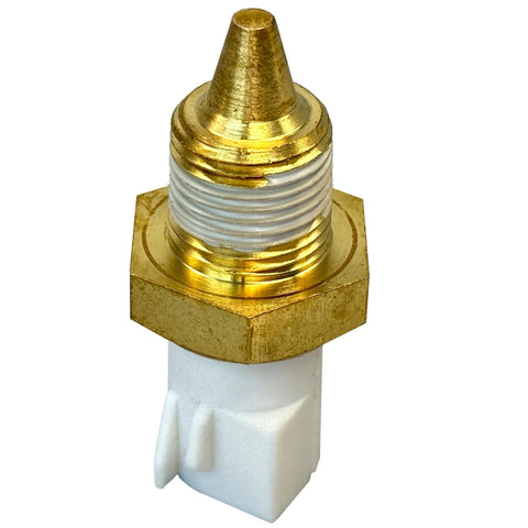 Close-up of MecXora engine coolant temperature sensor with brass threaded fitting and white plastic connector