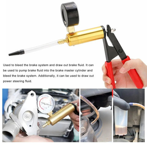 Hands using gold handheld vacuum pump with pressure gauge from Pro Grade Two In One Brake Bleeder Kit for fluid extraction.