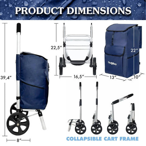 Product dimensions of Ultra Lightweight Foldable Grocery Cart With 42L Capacity Rugged Aluminum Frame Rubber Wheels.