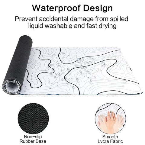 Waterproof White Topographic Gaming Mouse Pad Desk Mat Extra Long 31.5 By 11.8 Inches, non-slip rubber base, smooth surface.