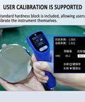 Portable Ultrasonic Hardness Tester On The Go Handy With Dual Test Heads Built In Storage Digital HV HRC HRB HB Scales For Metal Materials And Ultra Thin Workpieces Easy To Use With Low Impact Indentation And Quick Readouts. User calibration with standard hardness block and handheld metal probe.