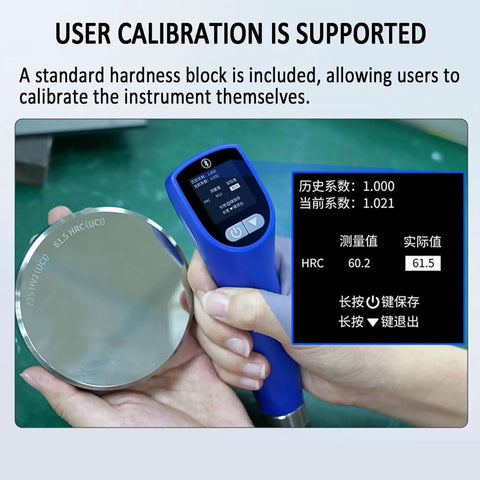 Portable Ultrasonic Hardness Tester On The Go Handy With Dual Test Heads Built In Storage Digital HV HRC HRB HB Scales For Metal Materials And Ultra Thin Workpieces Easy To Use With Low Impact Indentation And Quick Readouts. User calibration with standard hardness block and handheld metal probe.