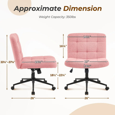 Dimensions of Swivel Criss Cross Legged Office Chair with Wheels, faux fur pink upholstery, armless, height adjustable.