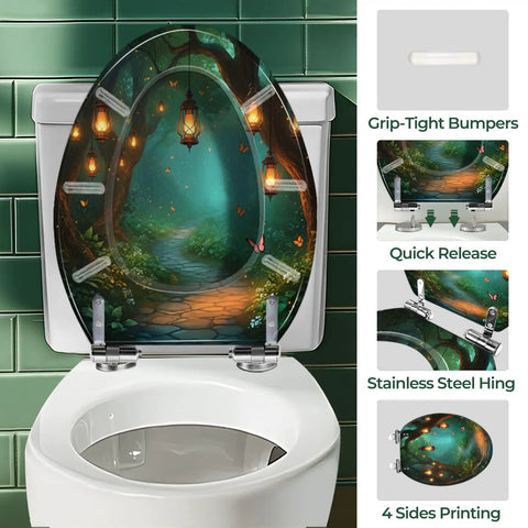 Toilet Seat Elongated Resin for Bathroom with forest path design, 40-47cm length, featuring grip-tight bumpers and stainless steel hinges.
