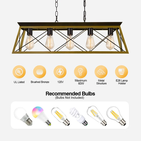 Five Light Farmhouse Chandeliers Pendant Lighting for Dining Room and Kitchen Island, rustic bronze rectangular metal frame