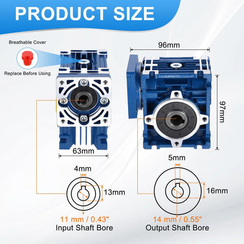 Diagram of high torque worm gearbox, NMRV030, showing dimensions, 80:1 reduction ratio, 14 mm output shaft, for CNC, Nema motors, blue housing.