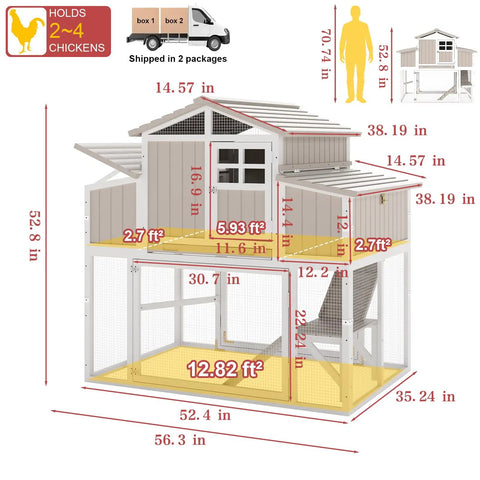 Diagram of Spacious Wooden Chicken Coop With Run And Four Nesting Boxes For Backyard Farms, with dimensions and packaging details.