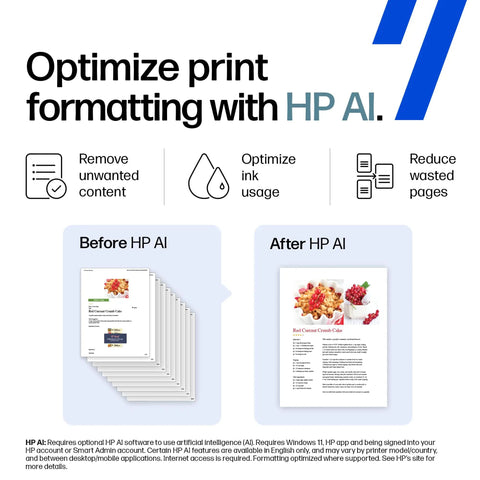 Diagram showing print formatting optimization with HP AI, illustrating before and after effects on document layout and ink usage.