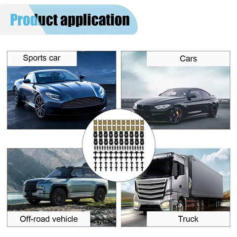 100 Piece Automotive Screws And Bolts Kit For Engine Under Cover Splash Shield Guard And Fender Liner Push Retainer Clips U Nuts And Plastic Rivet Fasteners For Car Body Repair shown with various vehicle applications including sports cars, cars, off-road vehicles, and trucks.