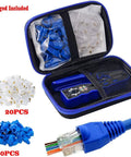 Pro Grade RJ45 Pass Through Crimp Tool Kit With Cat5e Cat6 And Cat6a Compatibility, 20 Connectors And Boots, Easy Cut And Strip