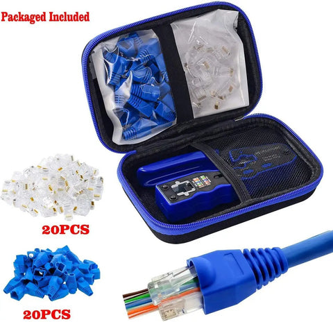 Pro Grade RJ45 Pass Through Crimp Tool Kit With Cat5e Cat6 And Cat6a Compatibility, 20 Connectors And Boots, Easy Cut And Strip
