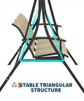 Side view of Three Seat Outdoor Patio Swing Chair With Adjustable Canopy And Armrests Breathable Textilene Seat And Back Comfortable Swing Bench For Garden Poolside Or Backyard 3 Person Seating Beige, showing stable triangular structure.