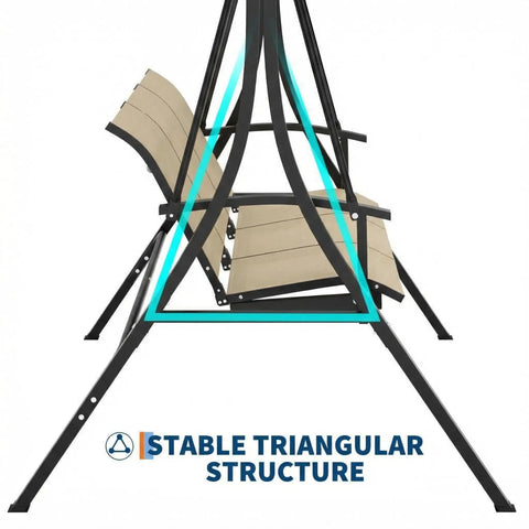 Side view of Three Seat Outdoor Patio Swing Chair With Adjustable Canopy And Armrests Breathable Textilene Seat And Back Comfortable Swing Bench For Garden Poolside Or Backyard 3 Person Seating Beige, showing stable triangular structure.