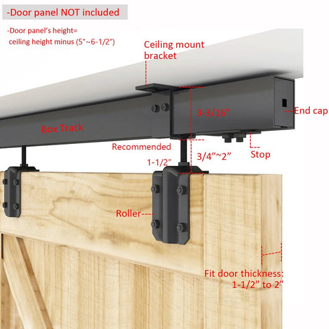 12Ft Black Sliding Barn Door Hardware Kit For Exterior Box Track Low Ceiling Compatible Outdoor Use Includes Three 4Ft Rails And Seven Ceiling Brackets Supports Up To 330lbs Door Not Included, featuring close-up of ceiling mount and box track.
