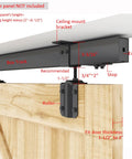 12 Foot Ceiling Mount Double Sliding Barn Door Hardware Kit For Exterior Use Beefy Box Track System Supports Up To 300 Pounds Fits Two 36 Inch Doors Hardware Only No Door Included Easy Install And Durable Steel Finish, side view detail showing box track and bracket installation.