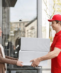 Delivery person handing over boxes representing Heavy Duty 19x24 Inch Poly Mailers 500 Pack Bulk Shipping Envelopes for Clothes Self Seal White Plastic Mailing Bags for E Commerce Packaging and Small Biz.