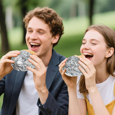 Couple enjoying burgers wrapped in Pre Cut Insulated Foil Sandwich Wrap Sheets Grease Resistant For Hot Food 10.5 By 14 Inches 100 Pack