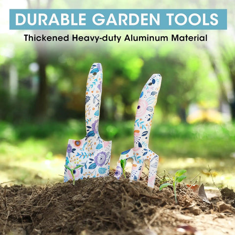 Aluminum Garden Tool Set Four Piece With Trowel and Rake in soil, floral pattern, outdoor, heavy duty hand tools for planting.