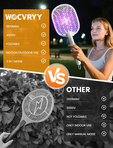 Woman using Electric Fly Swatter Zapper Racket 4000V With 1800mAh Rechargeable Battery Dual Modes 5 Layer Safety Mesh