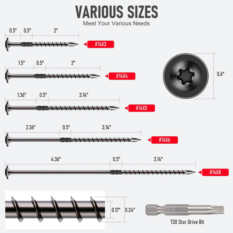 Various sizes of Heavy Duty Washer Head Wood Screws Size 14 By 3 Inch Structural Lag Fasteners for timber projects.