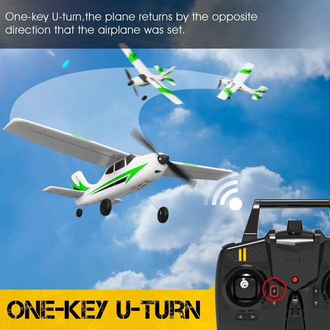 Beginner Friendly RC Plane Trainer 3CH Remote Control Airplane With Prop Saver 6 Axis Gyro Stabilizer And 3 Flight Modes For Easy Aerial Fun 400mm Green RTF Hobby Aircraft performing U-turn with remote control