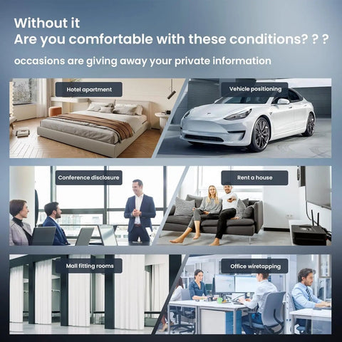 Collage showing potential privacy risks in hotels and rented spaces, highlighting the need for Hidden Camera Detector For Hotels And Travel.