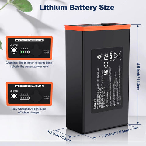 2 Pack 5000mAh Power Mag Replacement Battery For Moultrie Edge Series Cellular Trail Cameras shown with dimensions and charging indicators