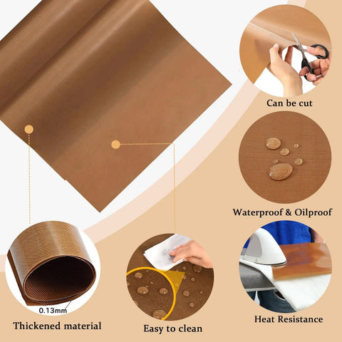 Heat Press Pillow Bundle Tools Kit teflon sheet showing waterproofing, cutting, thickness, and heat resistance features.