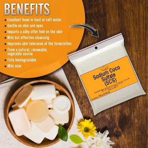 Premium Sodium Coco Sulfate SCS Fine Granules Anionic Foaming Surfactant For DIY Friendly Homemade Solid Shampoo Bars And Foamy Body Soap Hair Care With Bubbly Lather 600 g 21.17 oz, white pouch