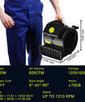Person holding Air Mover 100W Carpet Dryer, Powerful Floor Drying Fan with 550 CFM, 4 Speed, 3 Blowing Positions, black color