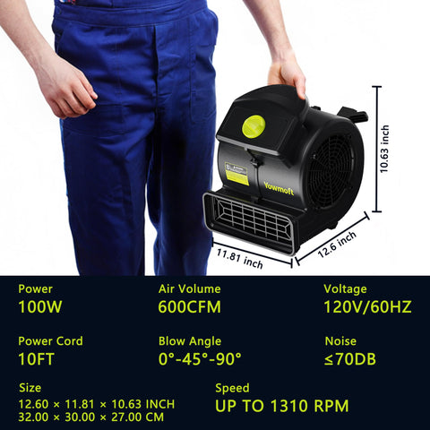 Person holding Air Mover 100W Carpet Dryer, Powerful Floor Drying Fan with 550 CFM, 4 Speed, 3 Blowing Positions, black color